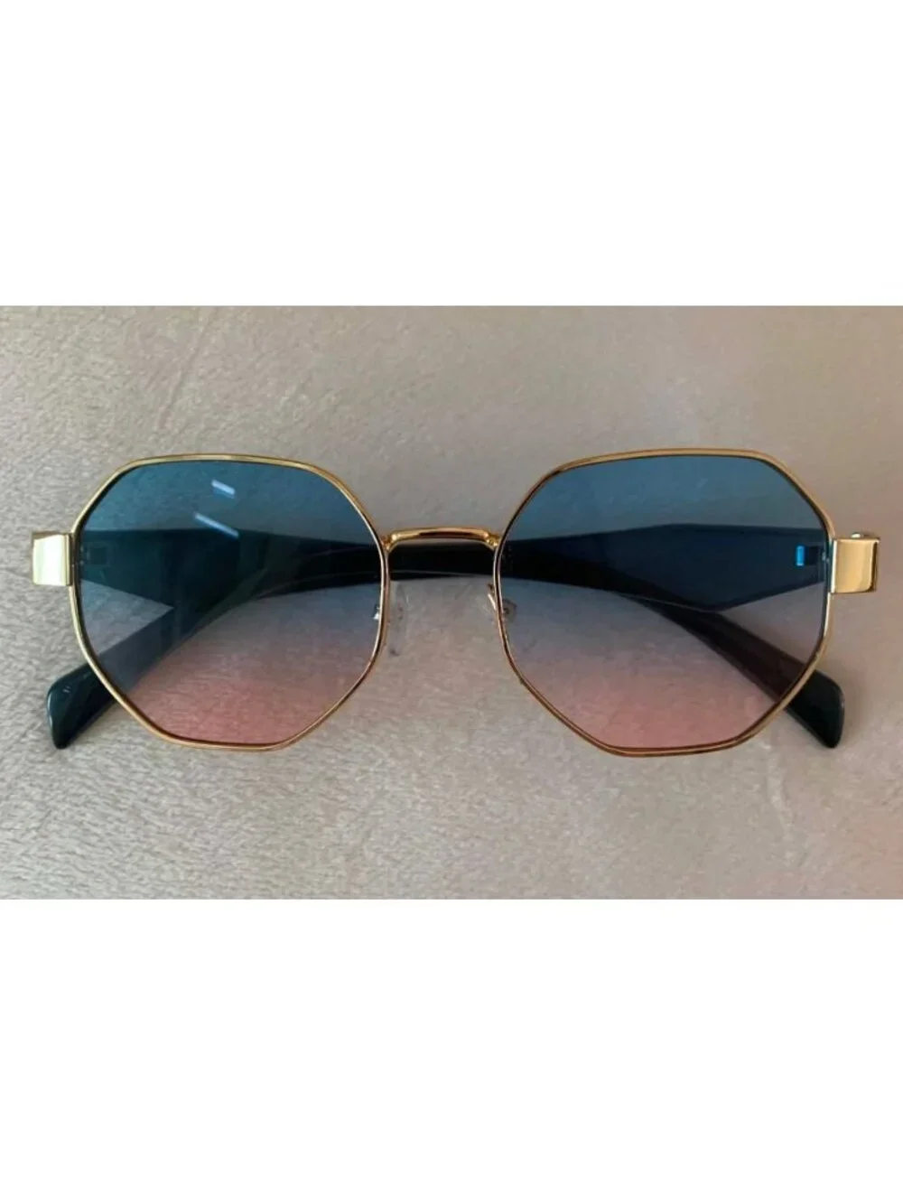 Unisex Vintage Style Octagonal Gold Frame Sunglasses W/ Blue-Pink Gradient Lens